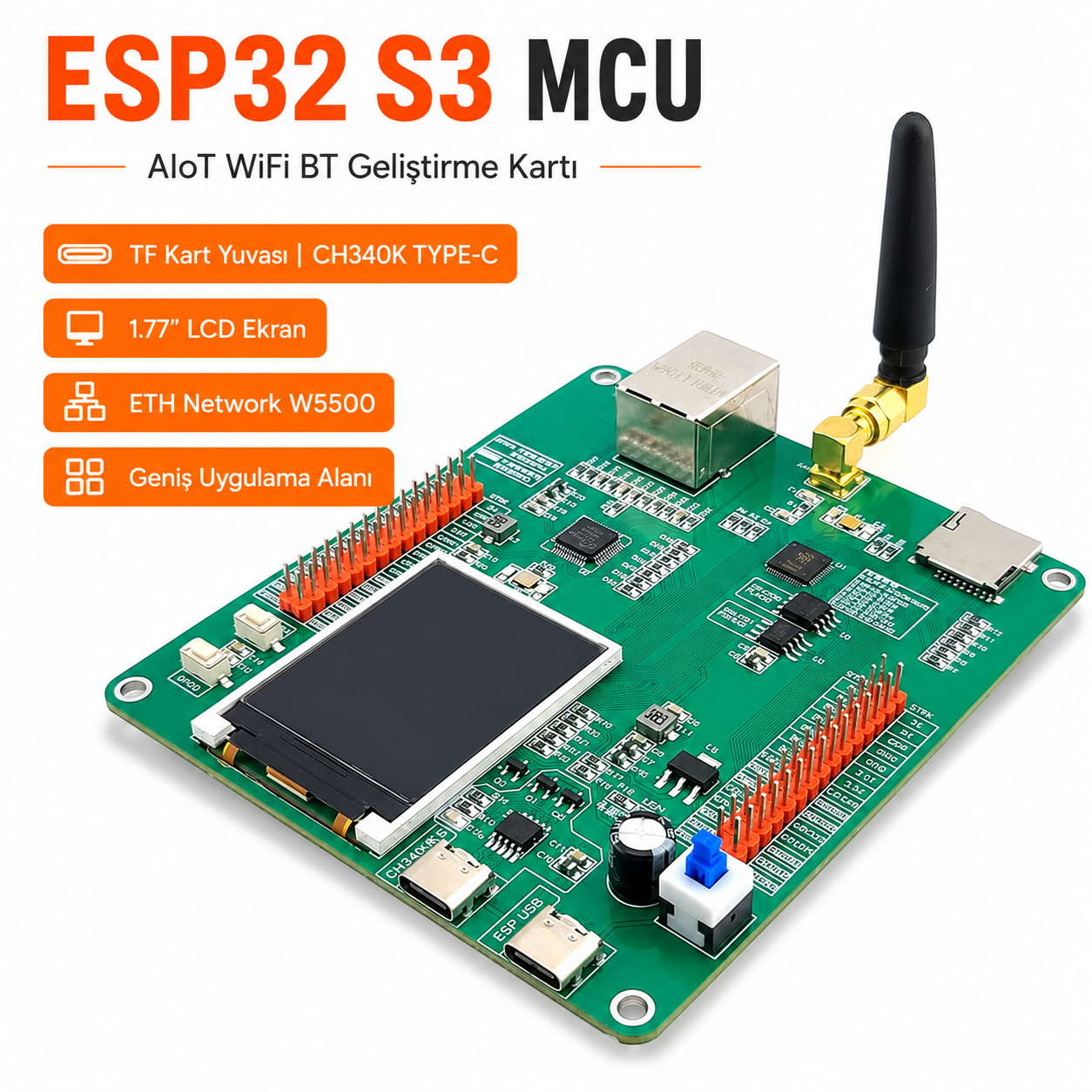 ESP32-S3 W5500 Ethernet ve 1.77 inç LCD geliştirme kartının genel görünümü