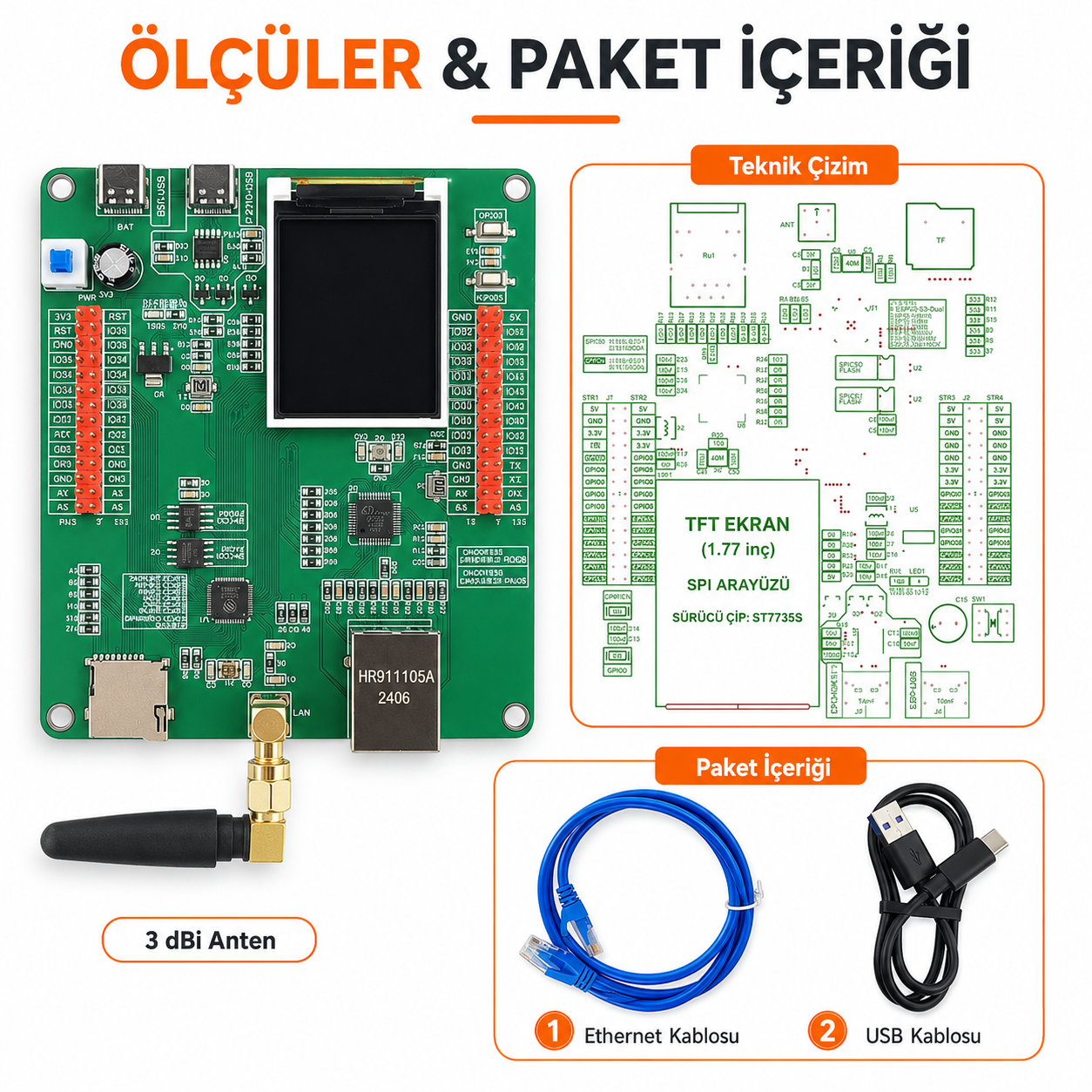 ESP32-S3 W5500 LCD kartının önden ürün görünümü