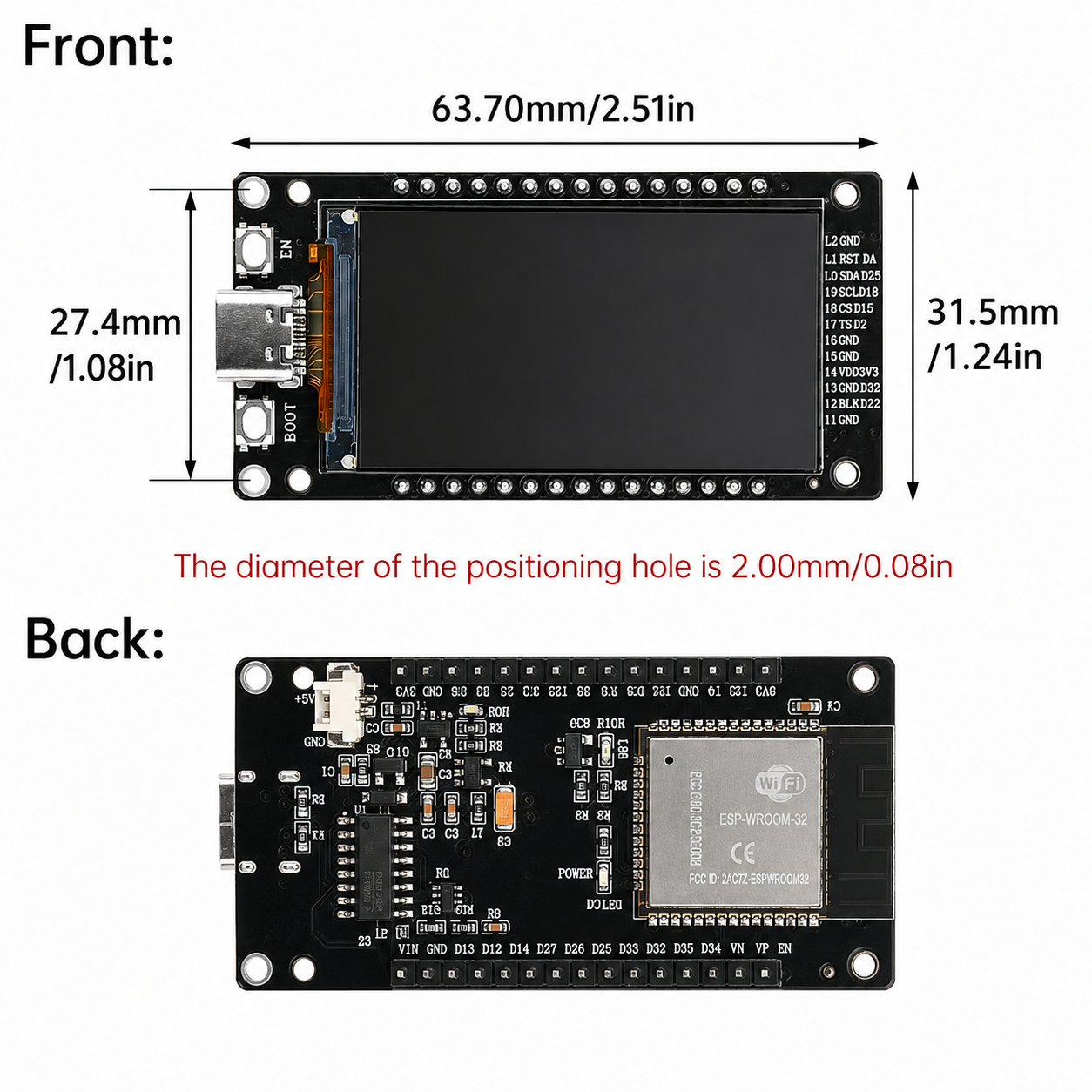 ESP32-WROOM-32 1.9 inç LCD kart mekanik ölçüleri