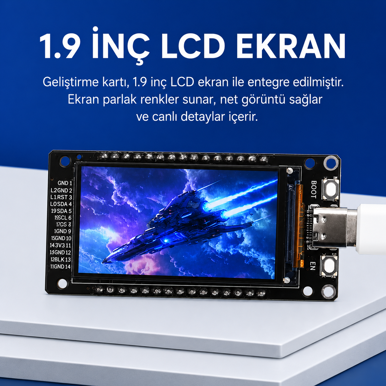 ESP32-WROOM-32 ve 1.9 inç LCD ekranın önden görünümü